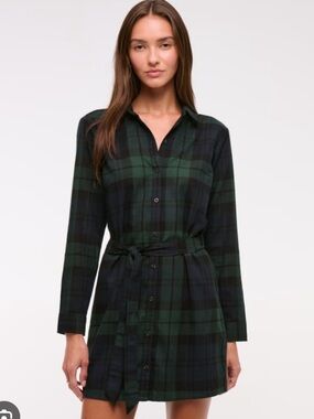 Abercrombie Plaid Button-Up Shirt Dress in Navy and Forest Green